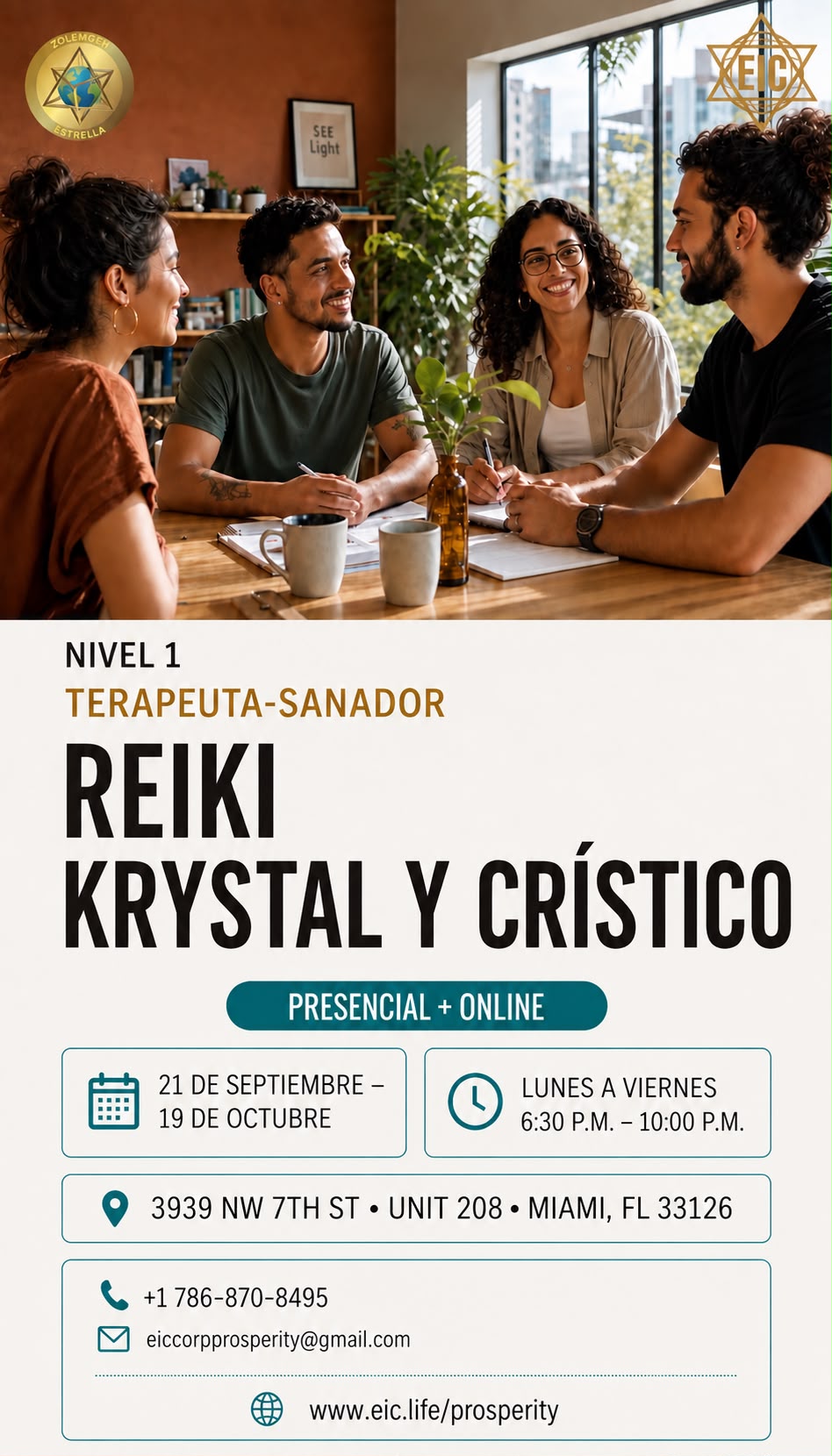 Flyer actualizado de la formación de Nivel 1 en Reiki KRYSTAL y CRÍSTICO