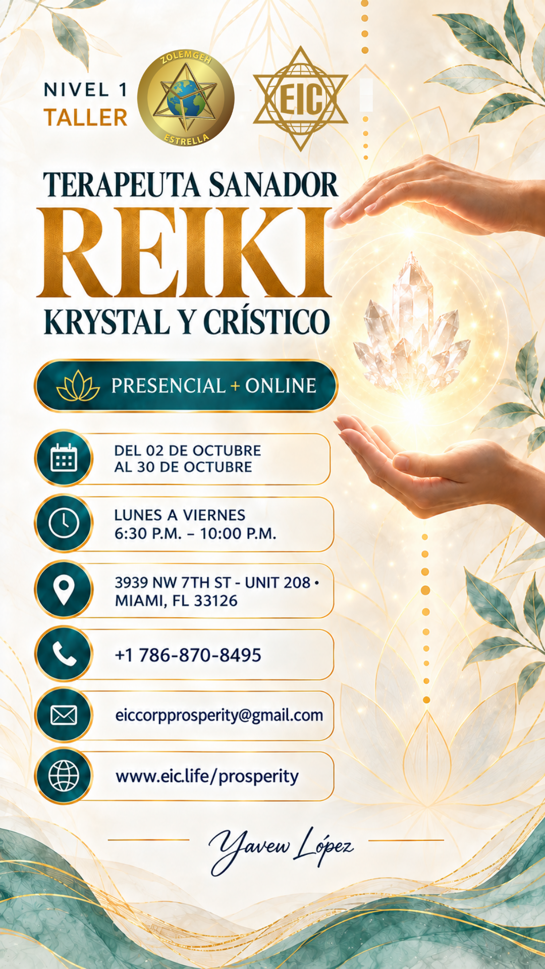 Flyer del taller de Reiki KRYSTAL y CRÍSTICO, nivel 1, del 2 al 30 de octubre