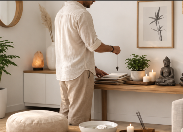 Persona armonizando un espacio con un péndulo junto a velas y plantas